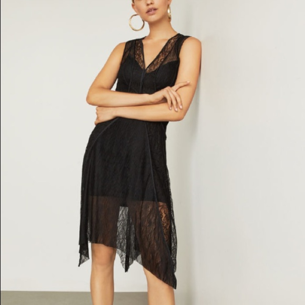 BCBG NWT BLACK ASYMMETRICAL LACE-TRIMMED DRESS, XS